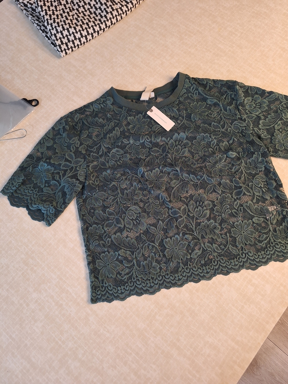 Anthropologie Teal Floral Lace Short-Sleeve Top